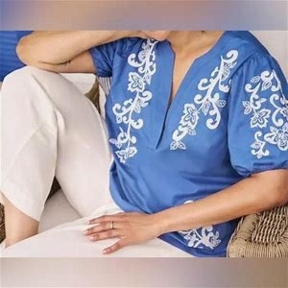 Torrid Blue Top with White Embroidery